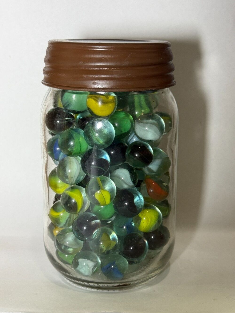 Mason Jar Pint Mid Century with Vintage Marbles and Yellow Shooter #1
